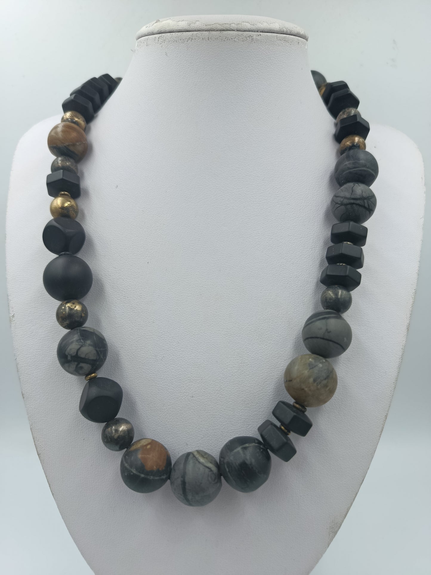 Massive Kette Steinperlen grau 925 Silber Verschluss modern