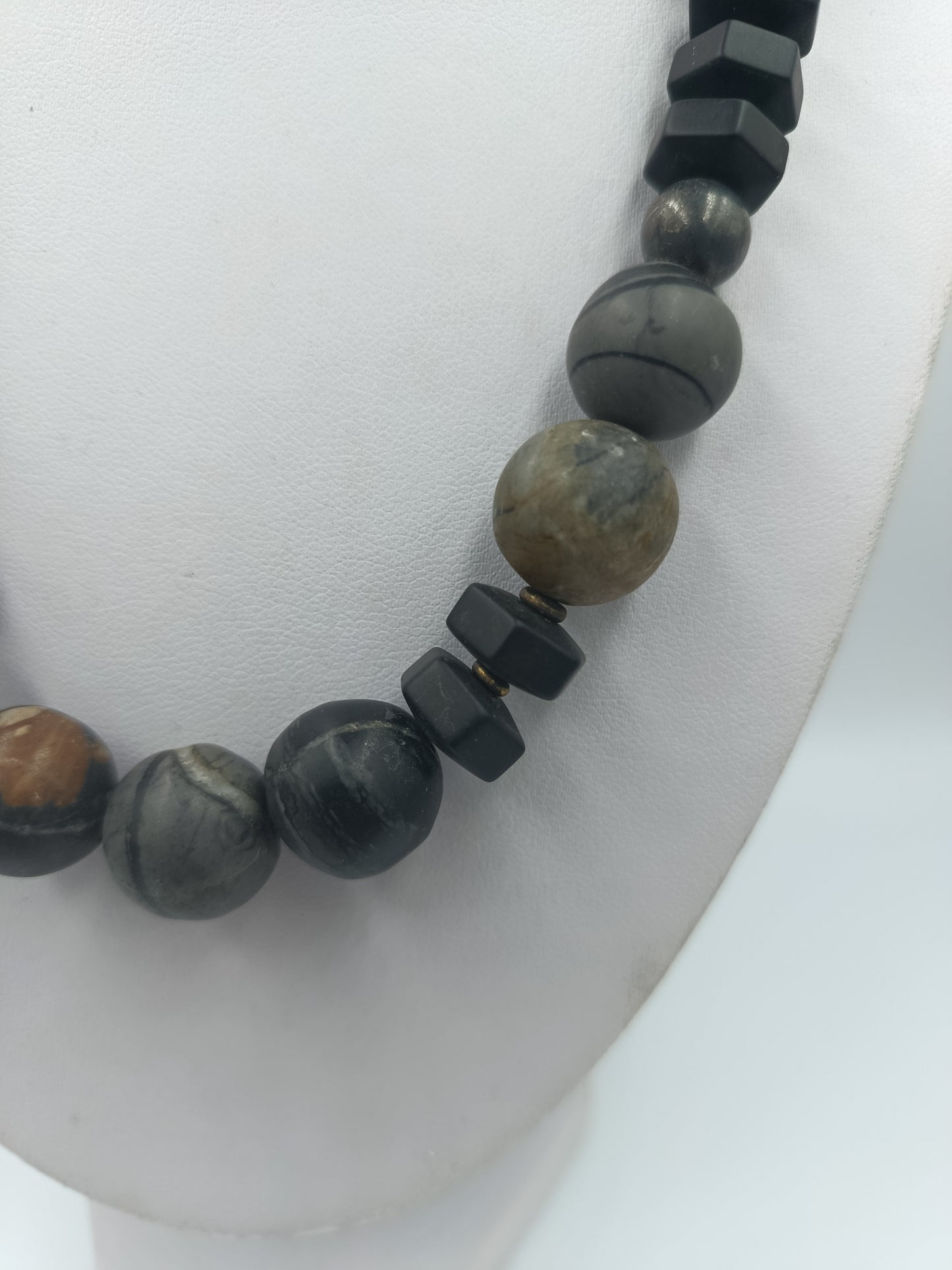 Massive Kette Steinperlen grau 925 Silber Verschluss modern
