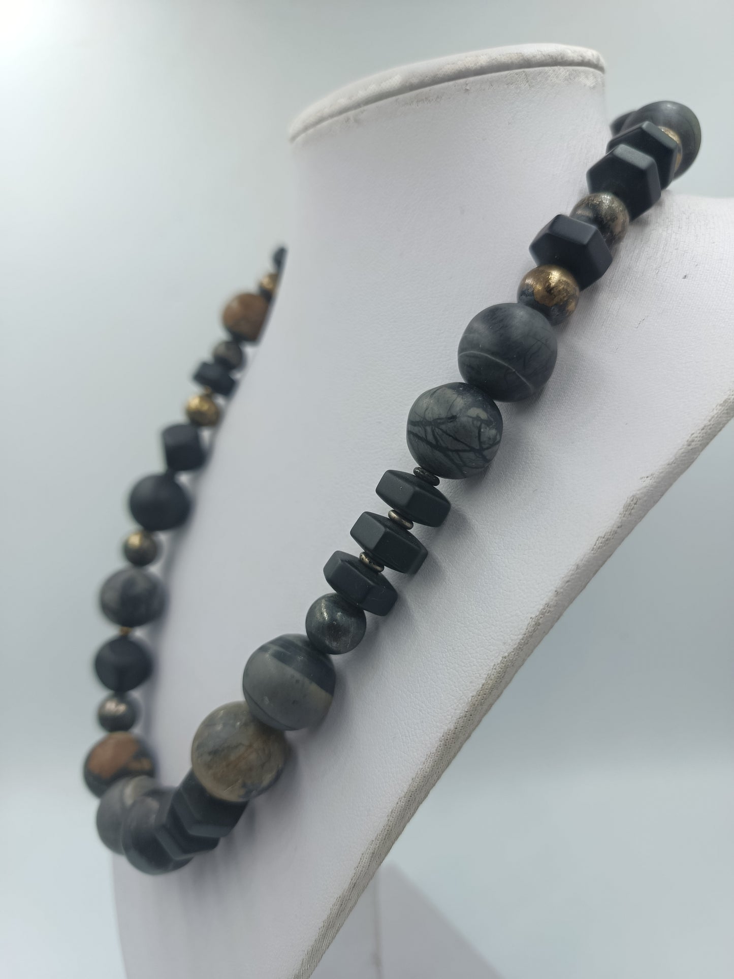 Massive Kette Steinperlen grau 925 Silber Verschluss modern