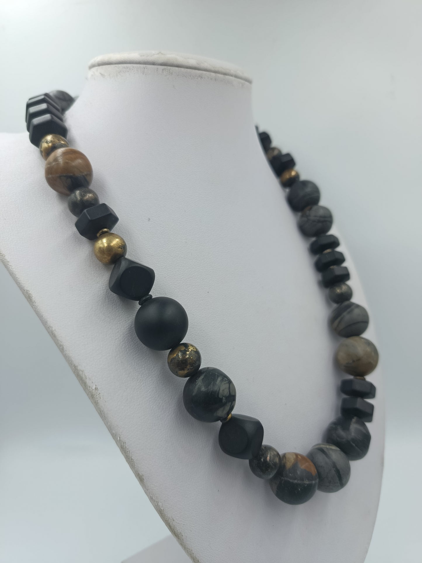 Massive Kette Steinperlen grau 925 Silber Verschluss modern