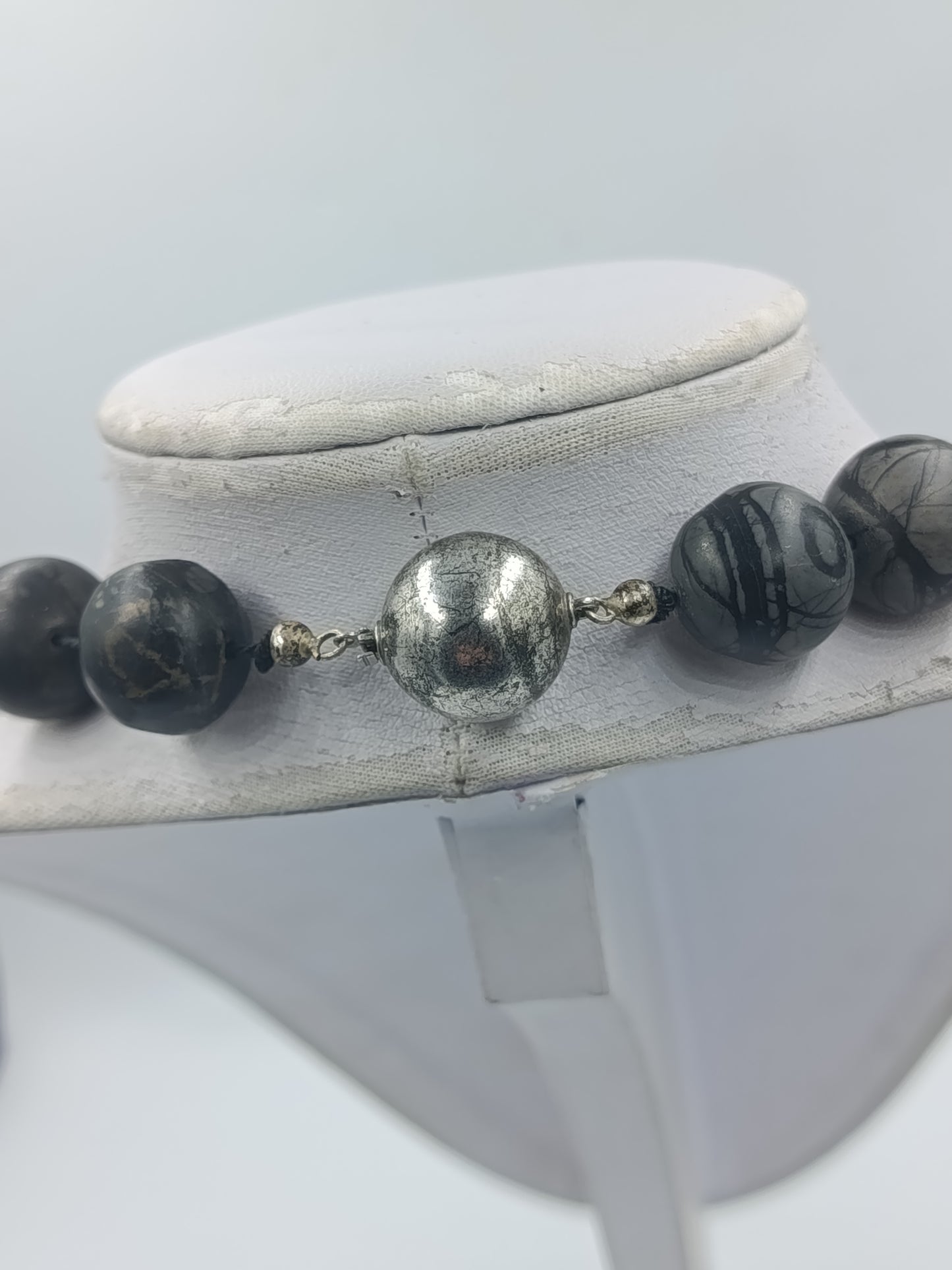 Massive Kette Steinperlen grau 925 Silber Verschluss modern