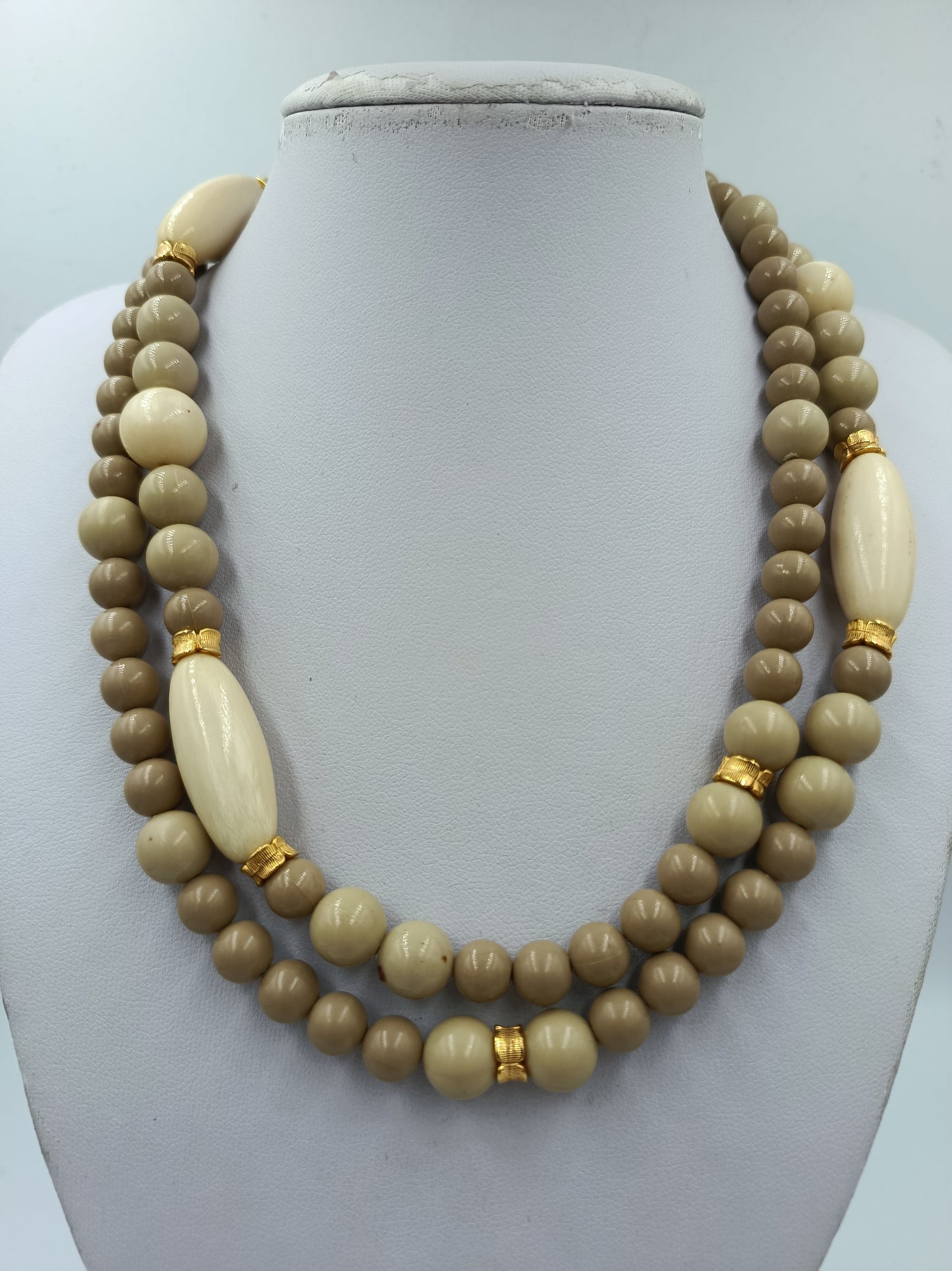 Vintage Doppelreihige Perlenkette Beige  Creme Statement Collier
