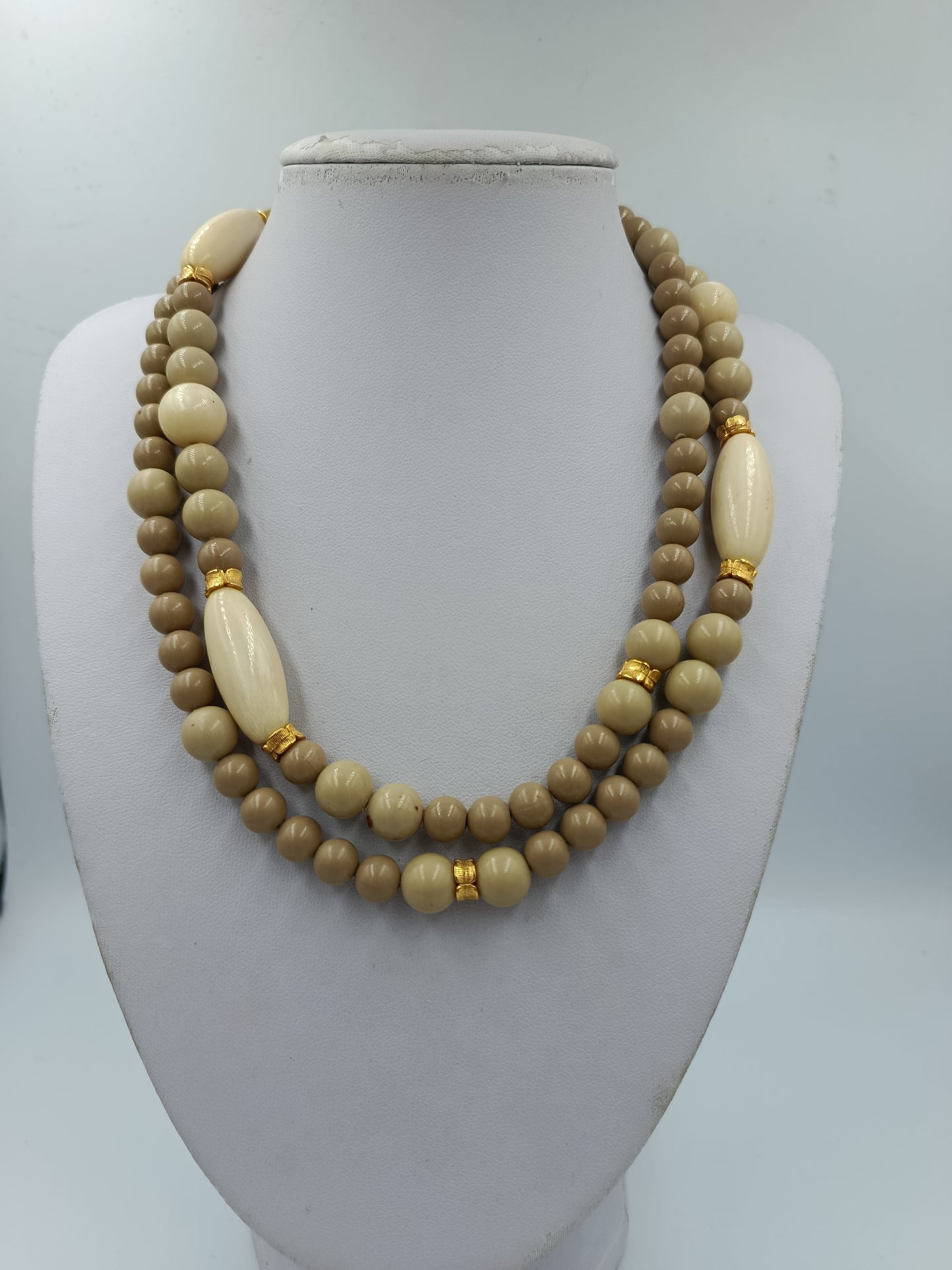 Vintage Doppelreihige Perlenkette Beige  Creme Statement Collier