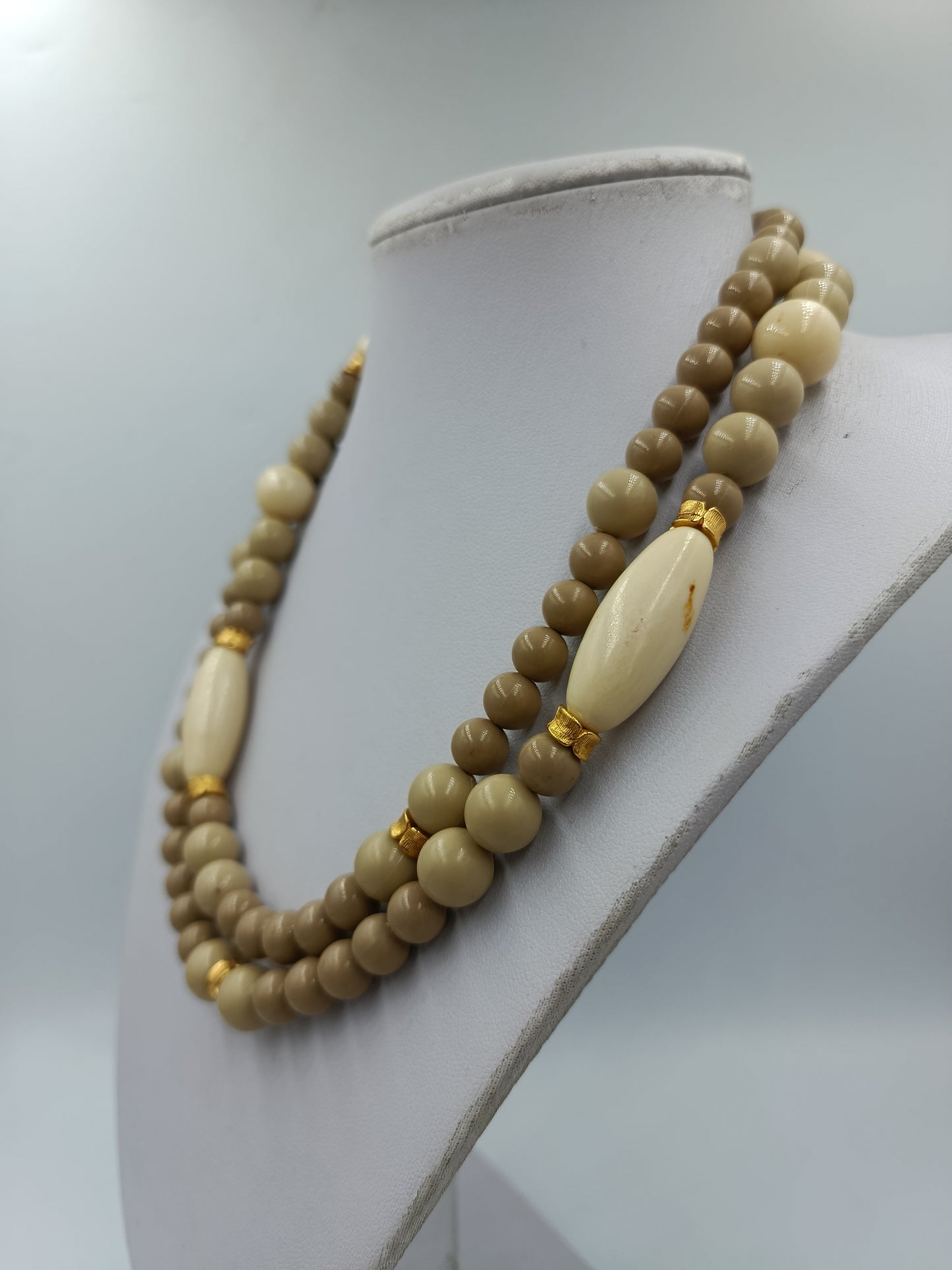 Vintage Doppelreihige Perlenkette Beige  Creme Statement Collier