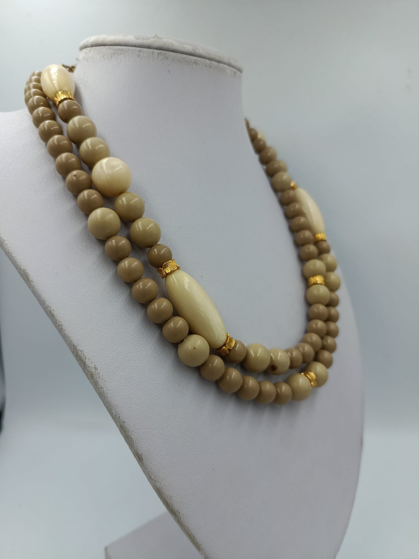 Vintage Doppelreihige Perlenkette Beige  Creme Statement Collier