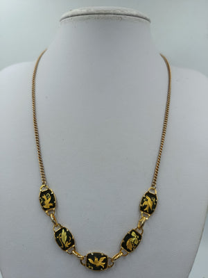 Vintage Collier mit schwarzem Emaille und goldfarbenen Vogelmotiven