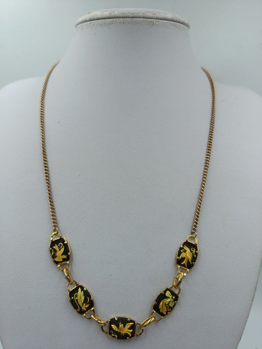 Vintage Collier mit schwarzem Emaille und goldfarbenen Vogelmotiven