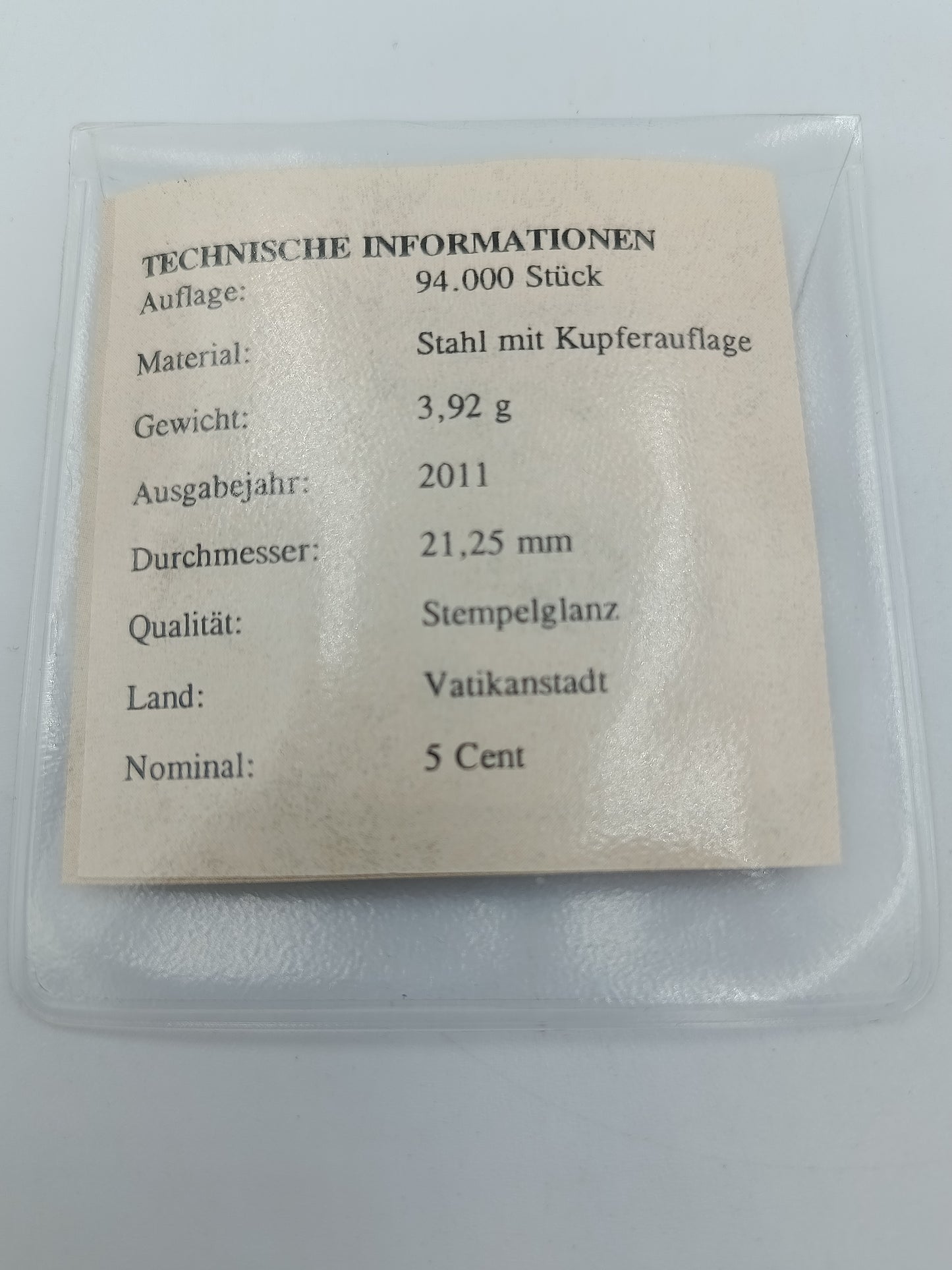 5 Cent Vatikan 2011 – Papst Benedikt XVI. – Stempelglanz im Etui