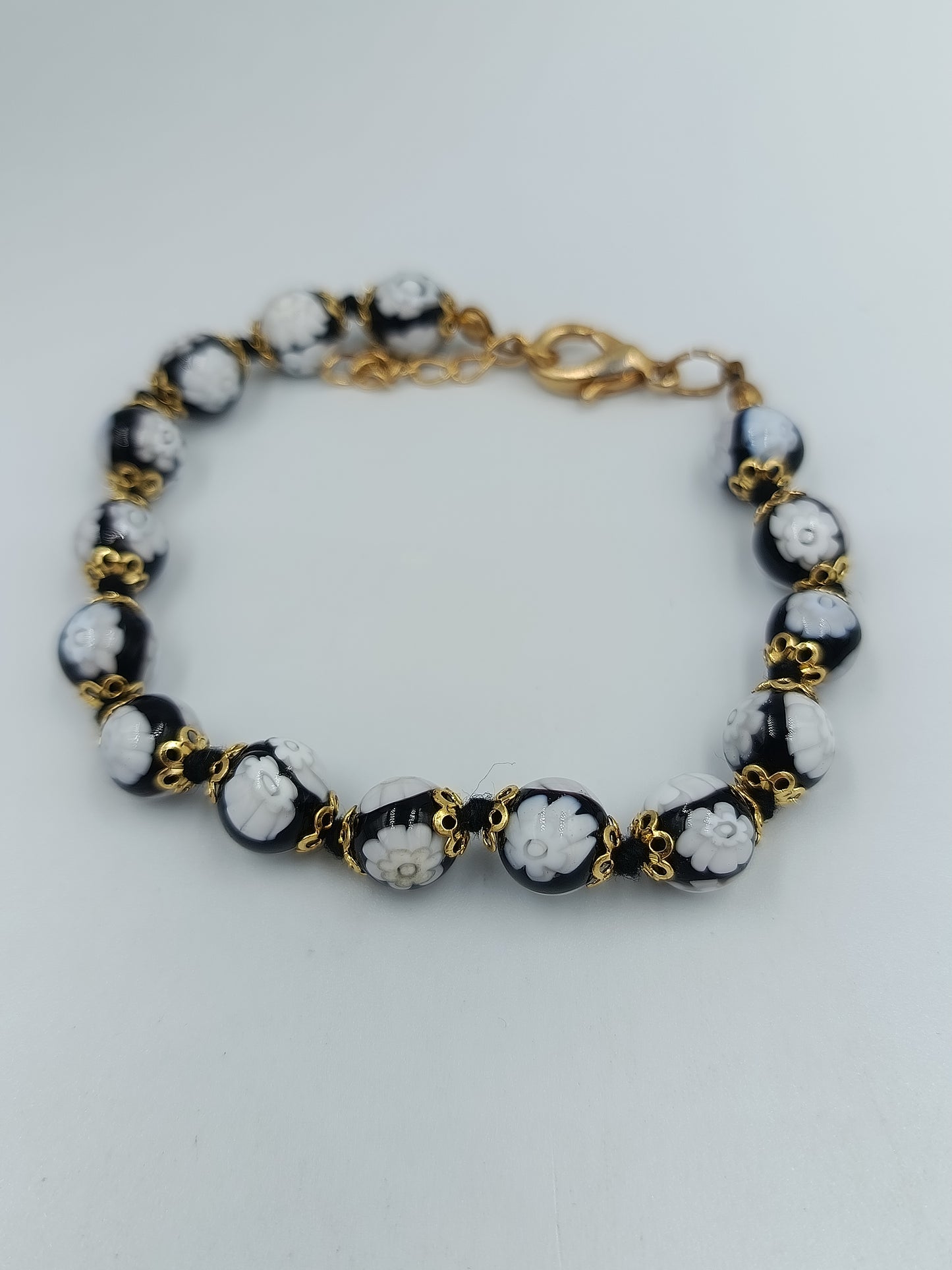 Vintage Schmuckset Murano Glas Halskette und Armband Schwarz Weiß Floral