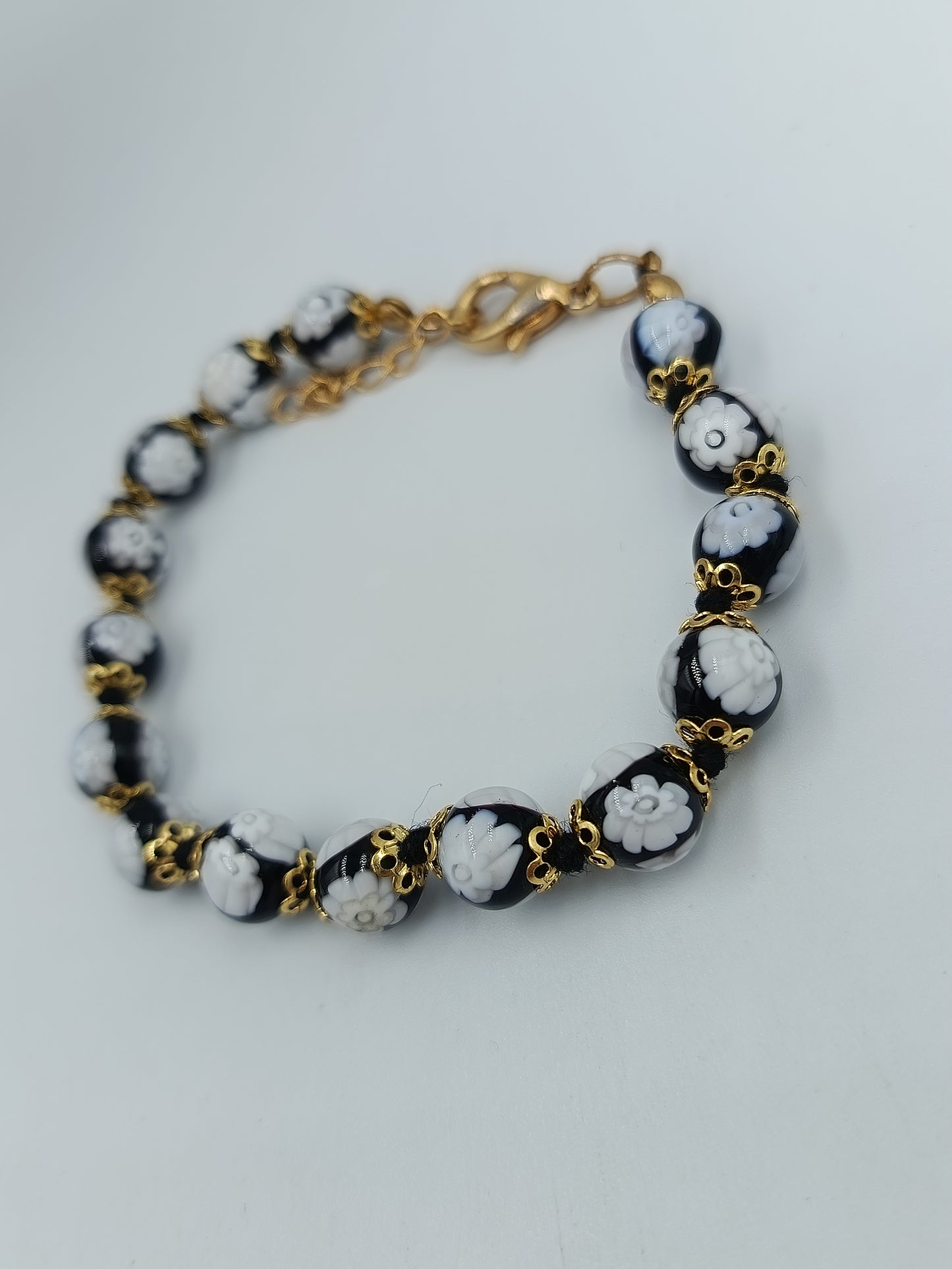 Vintage Schmuckset Murano Glas Halskette und Armband Schwarz Weiß Floral