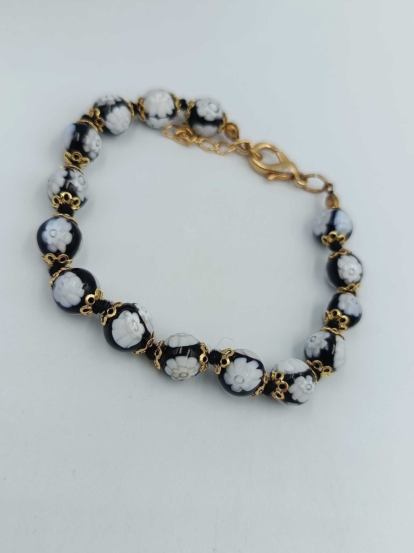 Vintage Schmuckset Murano Glas Halskette und Armband Schwarz Weiß Floral