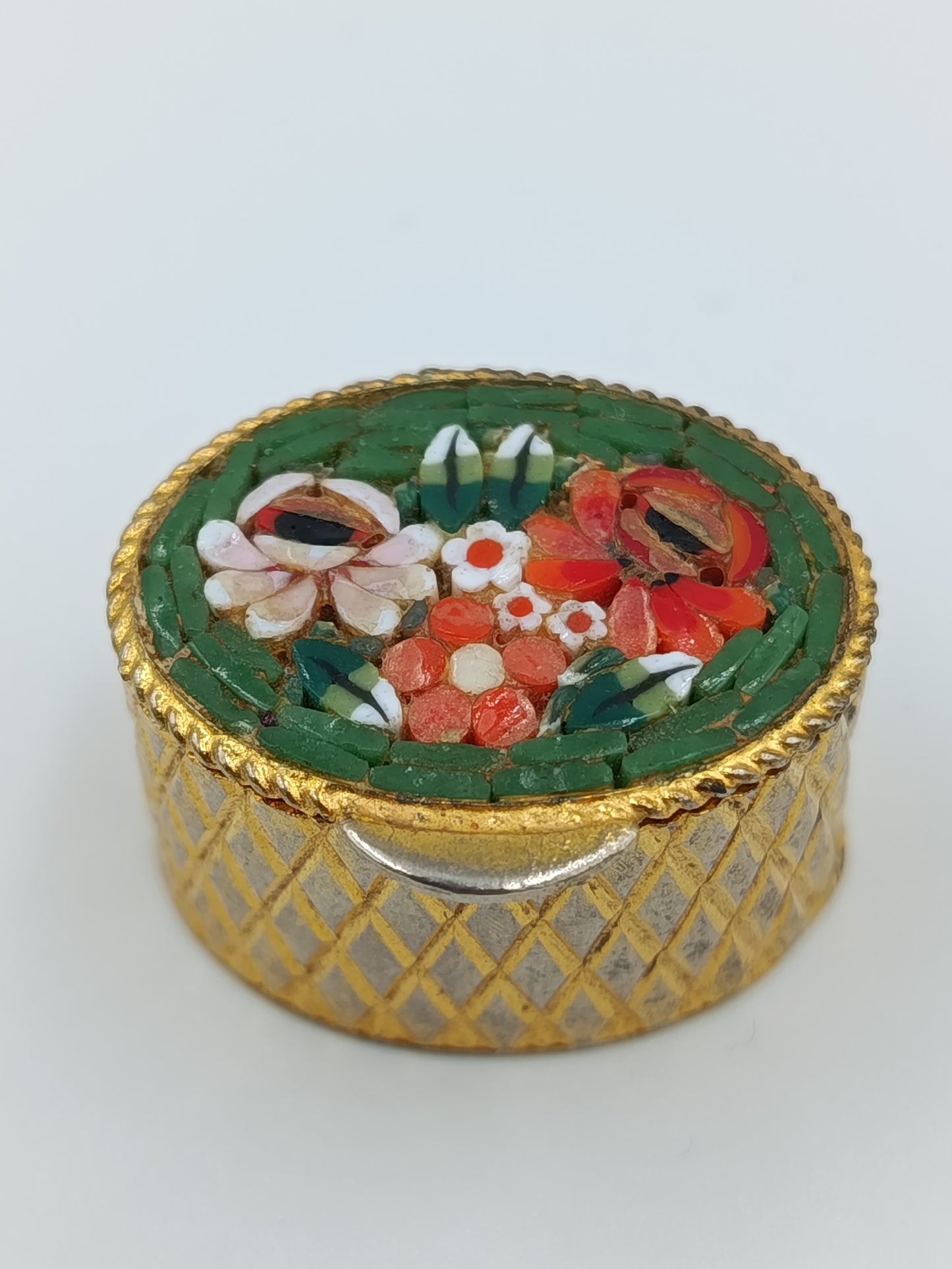 Vintage Pillendose  Schmuckdose mit Millefiori Glas rund  3,2 cm