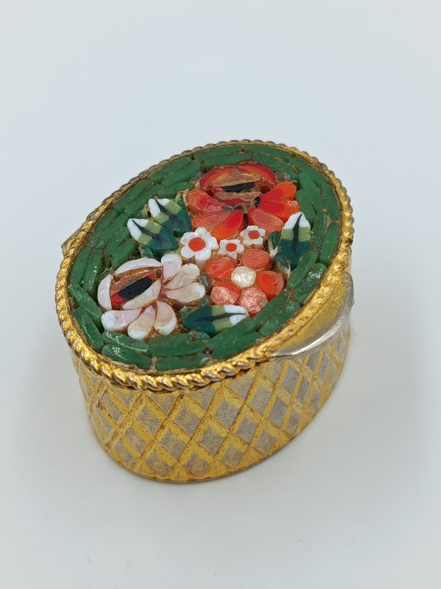 Vintage Pillendose  Schmuckdose mit Millefiori Glas rund  3,2 cm