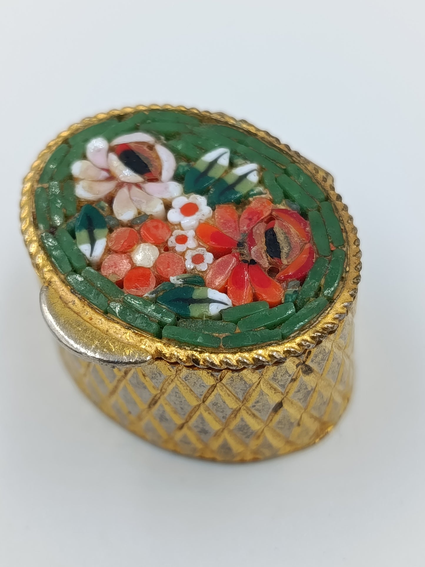 Vintage Pillendose  Schmuckdose mit Millefiori Glas rund  3,2 cm