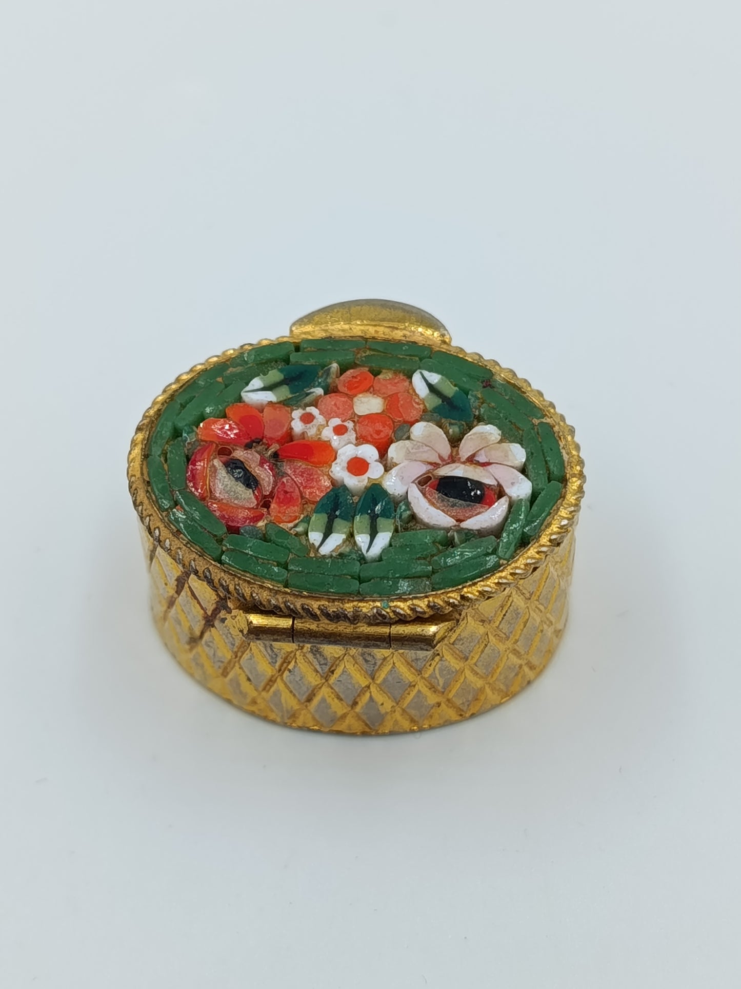 Vintage Pillendose  Schmuckdose mit Millefiori Glas rund  3,2 cm