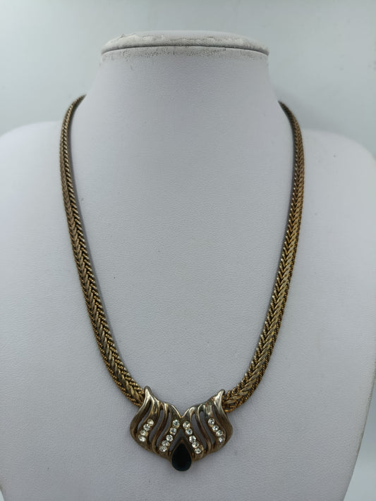 Vintage Collier geflochtene Kette mit Strass Anhänger goldfarben