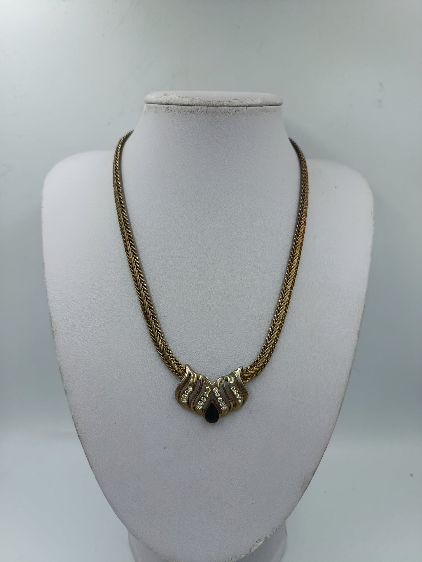 Vintage Collier geflochtene Kette mit Strass Anhänger goldfarben