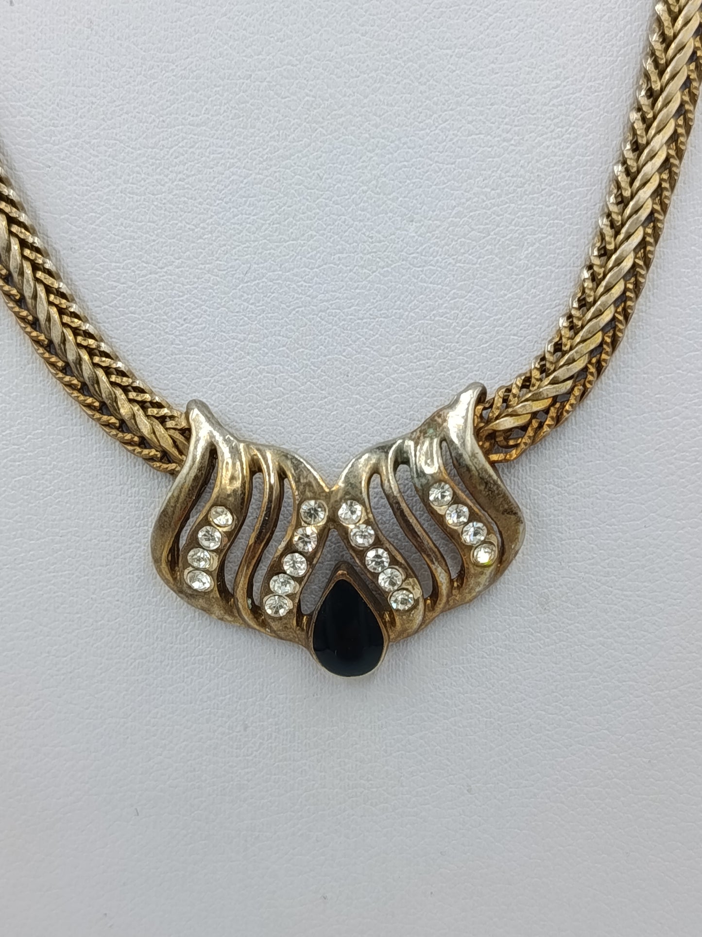 Vintage Collier geflochtene Kette mit Strass Anhänger goldfarben