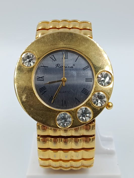 Romica Damenarmbanduhr Goldfarben Strass Elastisch Vintage Quartz