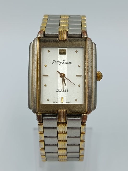 Philip Persio Damenarmbanduhr Bicolor Edelstahl Quartz Rechteckig Vintage