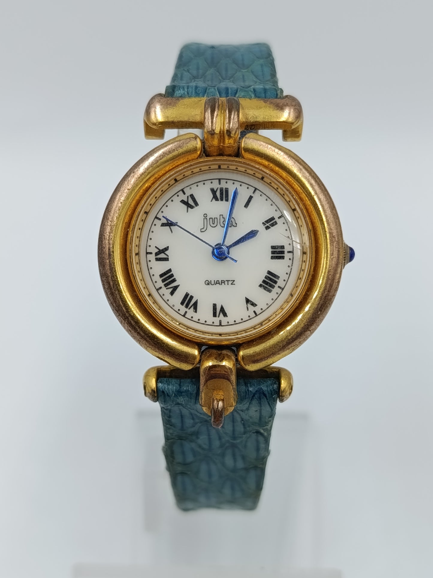 Juta Damen Uhr Goldfarben Blaues Lederarmband Vintage Quarz