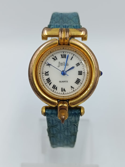 Juta Damen Uhr Goldfarben Blaues Lederarmband Vintage Quarz