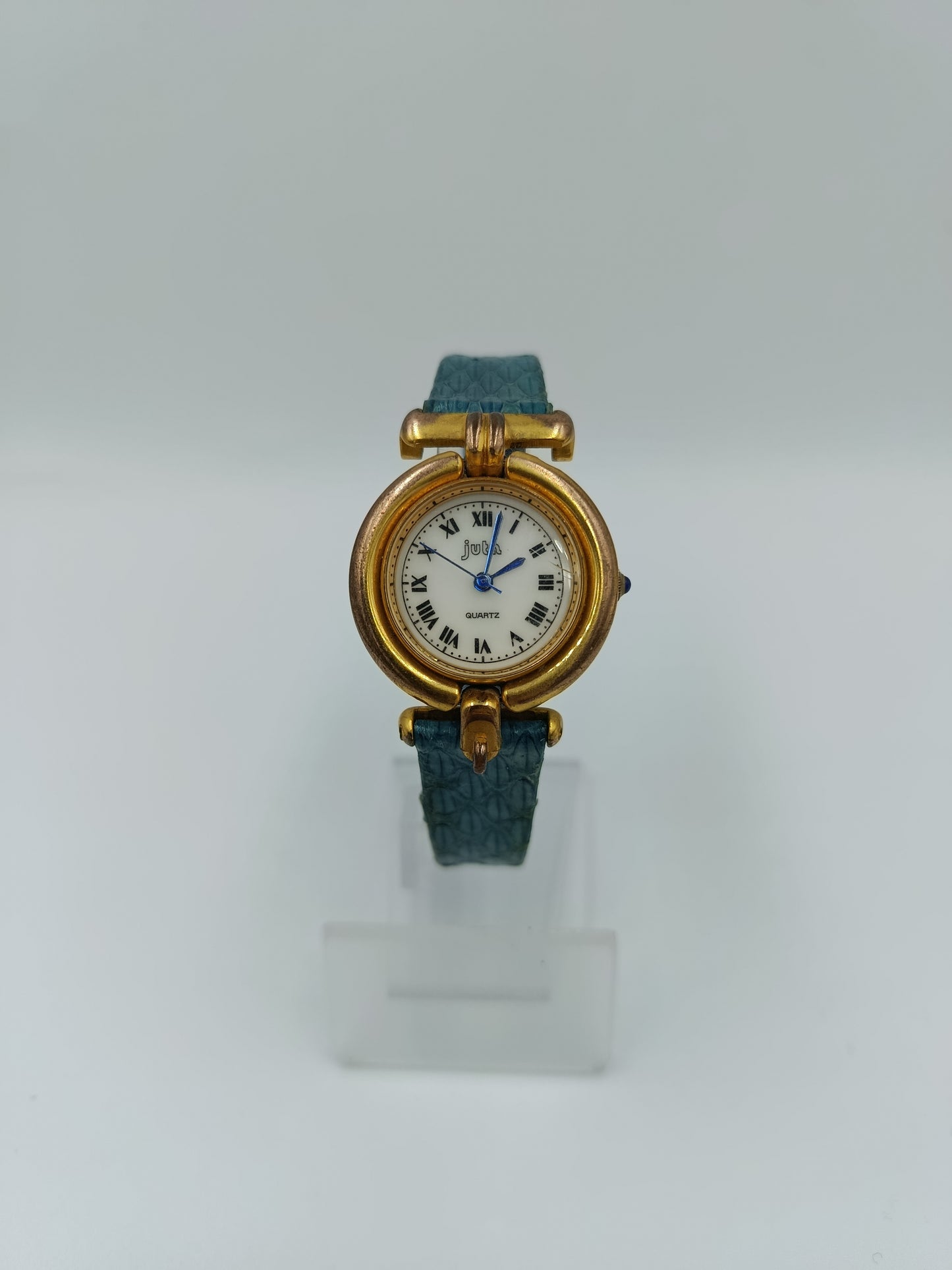 Juta Damen Uhr Goldfarben Blaues Lederarmband Vintage Quarz