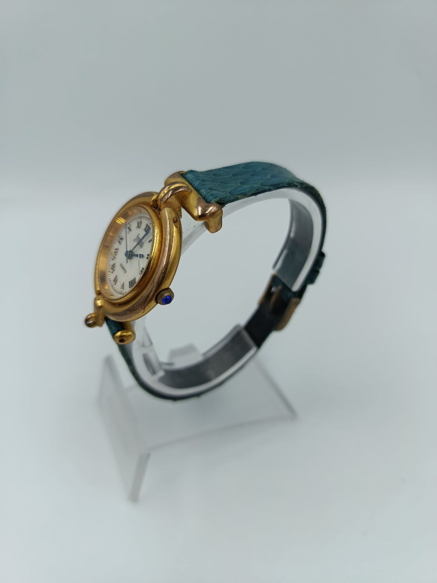 Juta Damen Uhr Goldfarben Blaues Lederarmband Vintage Quarz