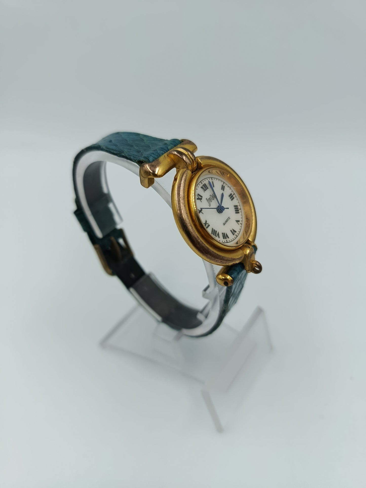 Juta Damen Uhr Goldfarben Blaues Lederarmband Vintage Quarz
