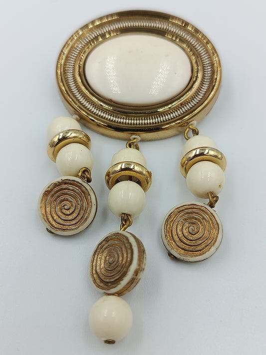 Vintage Brosche Anhänger Goldfarben Perlenoptik Spiral Design
