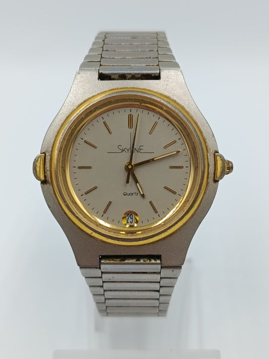 Vintage Skyline Quartz Uhr Damen Bicolor Edelstahl Datum Armband