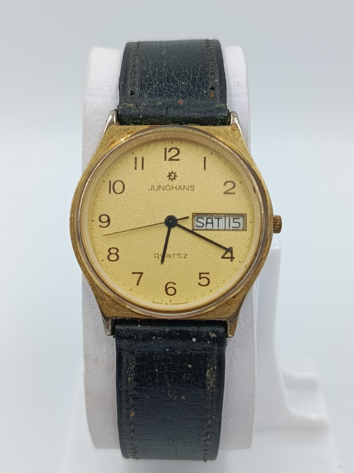 Junghans Quartz Armbanduhr Gold Damen Lederarmband Vintage Day-Date