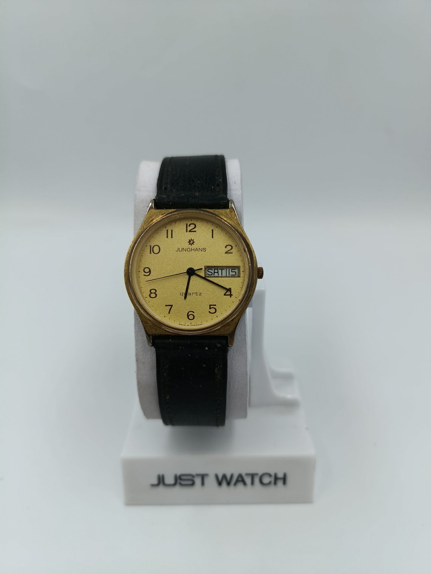Junghans Quartz Armbanduhr Gold Damen Lederarmband Vintage Day-Date
