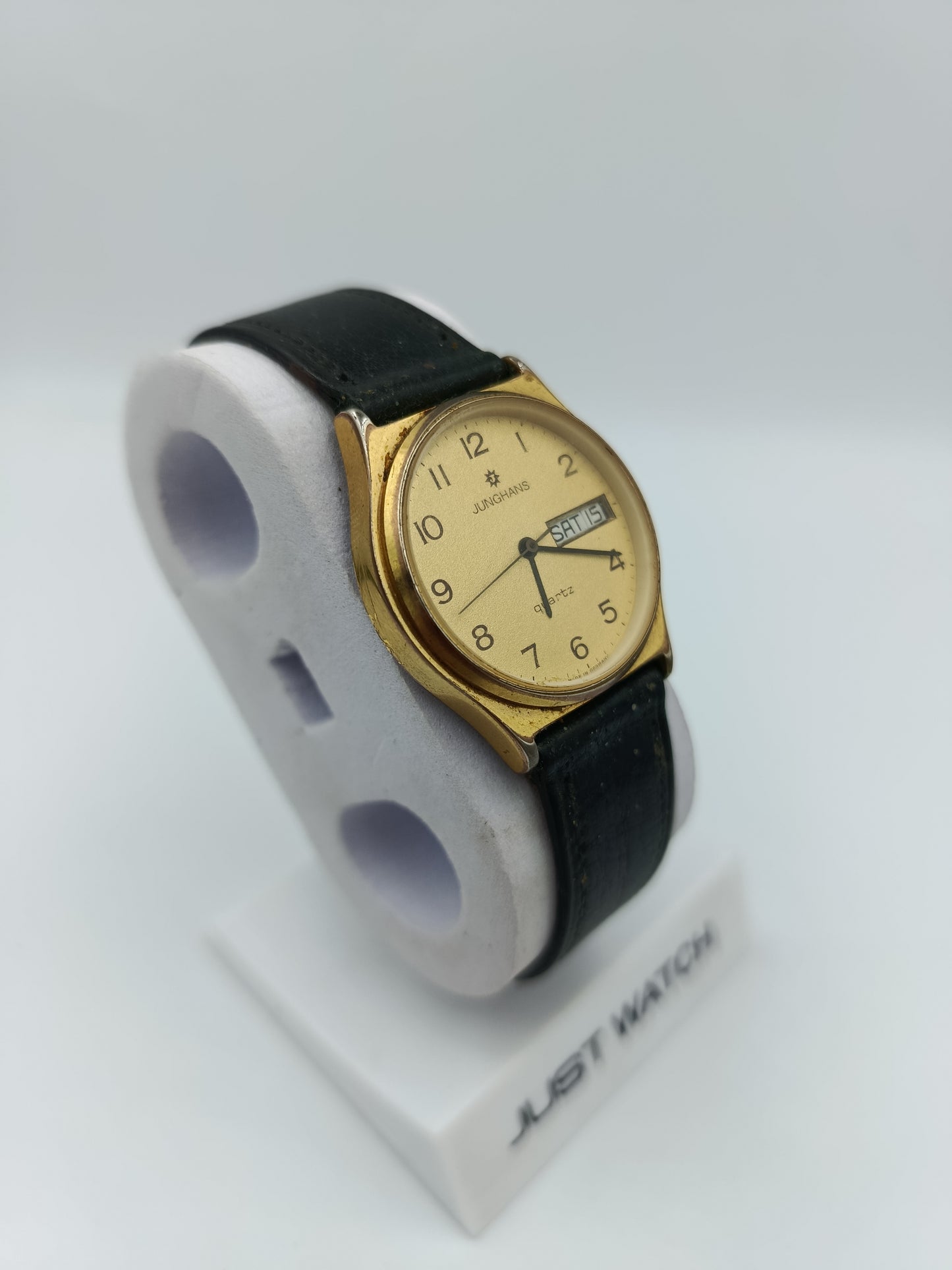 Junghans Quartz Armbanduhr Gold Damen Lederarmband Vintage Day-Date