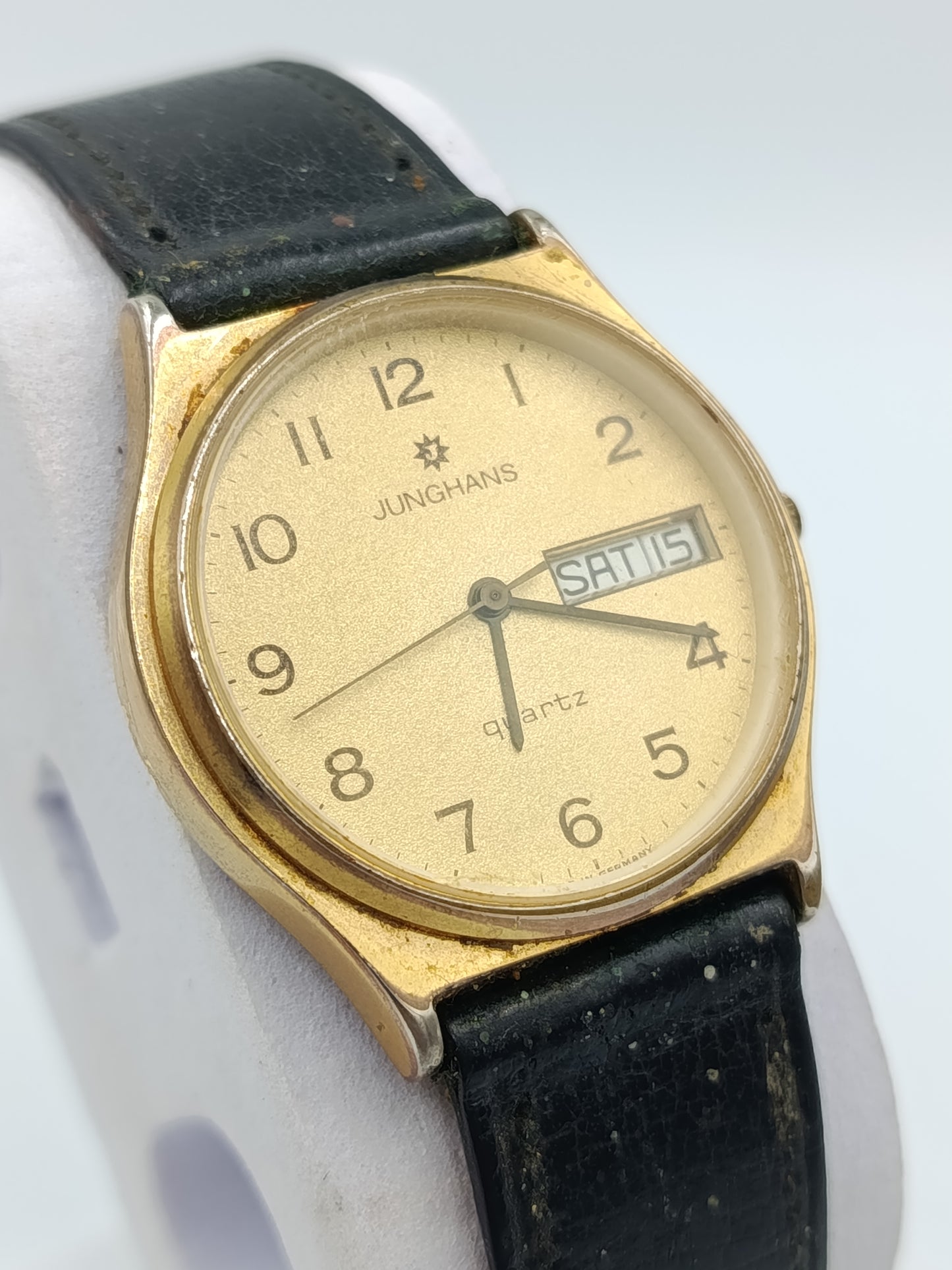 Junghans Quartz Armbanduhr Gold Damen Lederarmband Vintage Day-Date