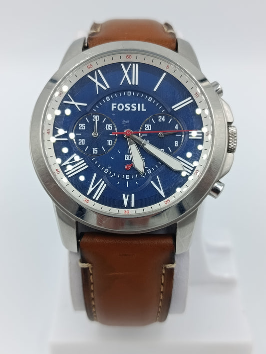FOSSIL Herren Chronograph Uhr Blaues Zifferblatt Lederarmband Braun Vintage