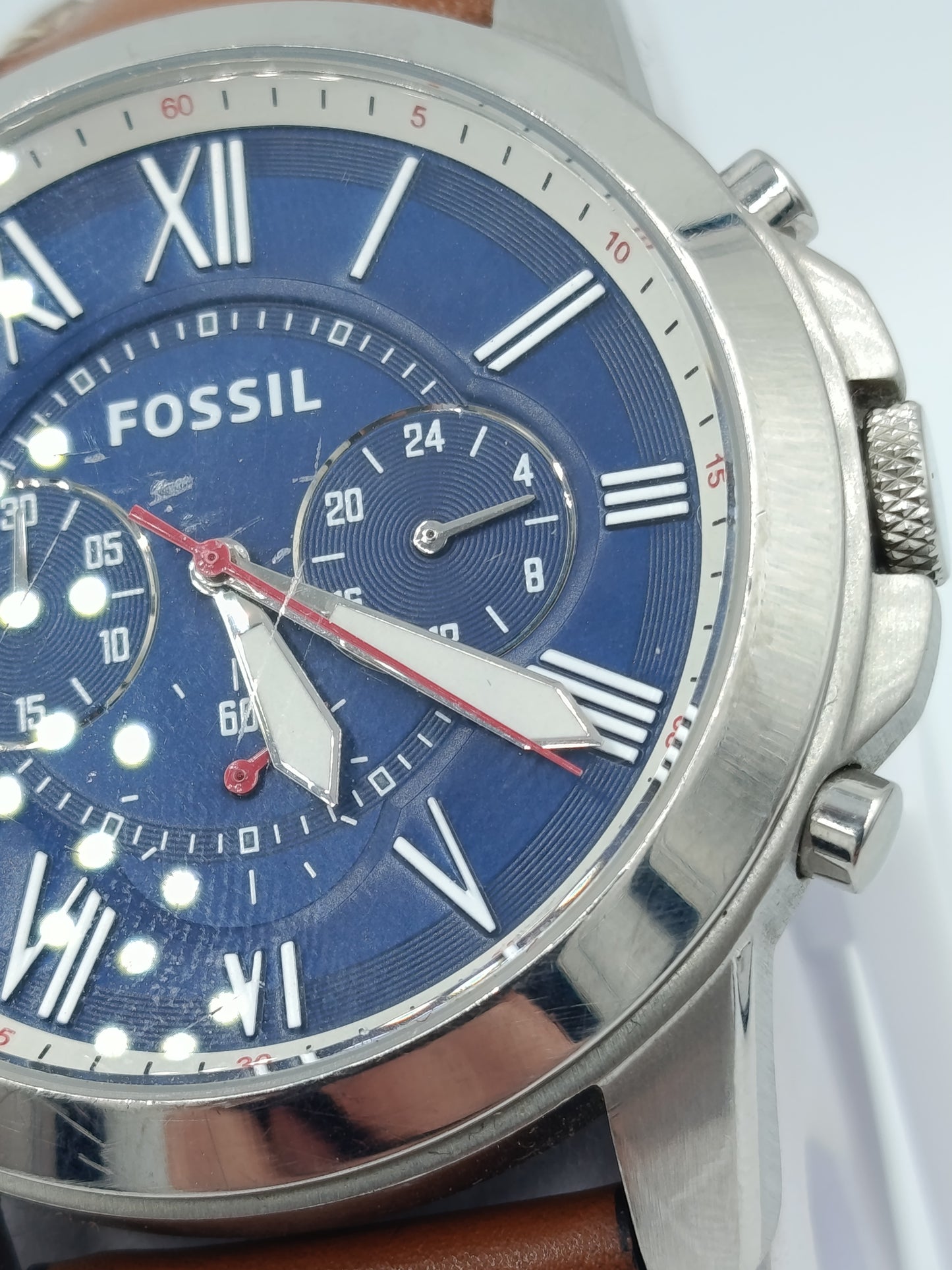 FOSSIL Herren Chronograph Uhr Blaues Zifferblatt Lederarmband Braun Vintage
