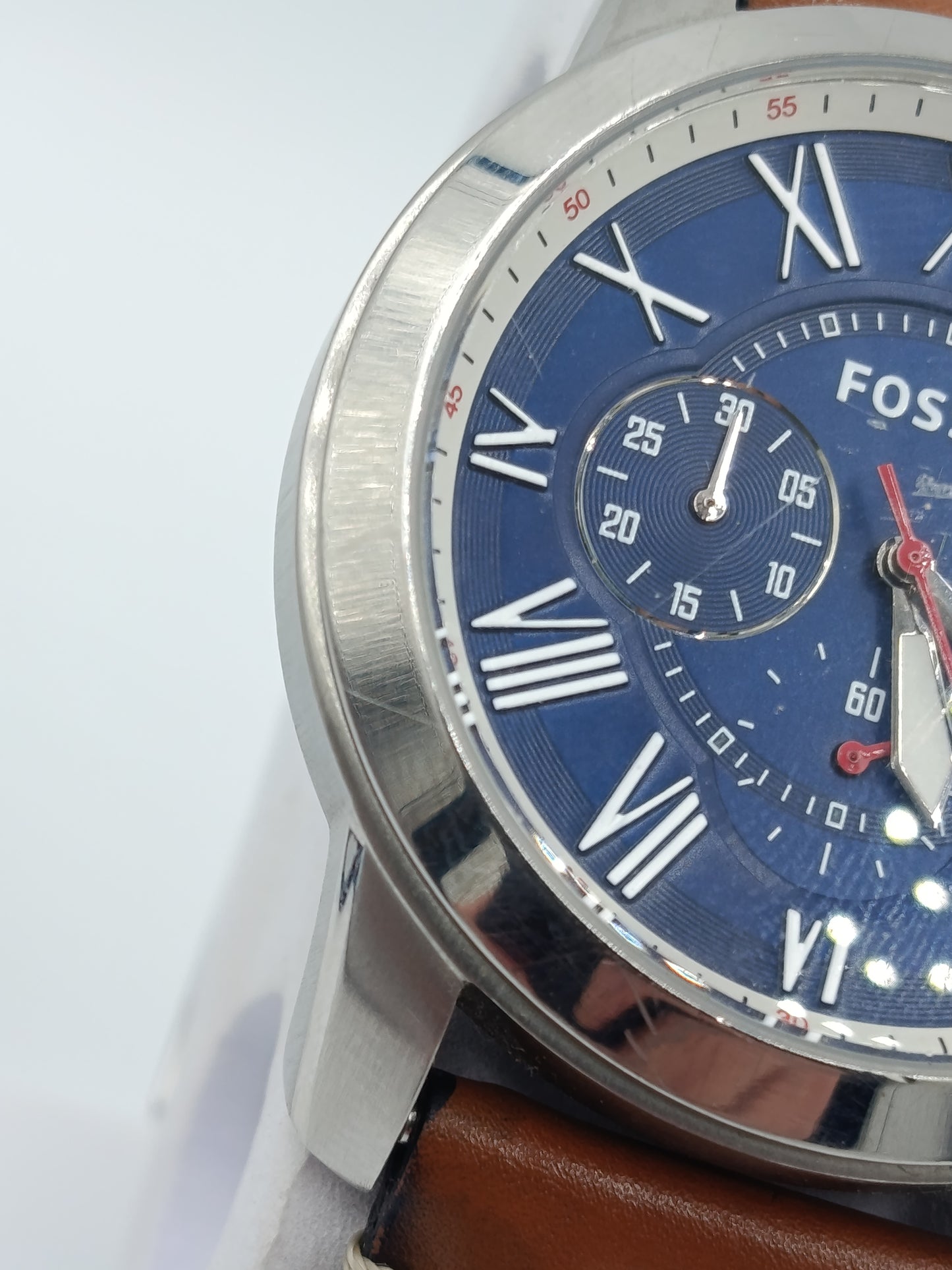 FOSSIL Herren Chronograph Uhr Blaues Zifferblatt Lederarmband Braun Vintage