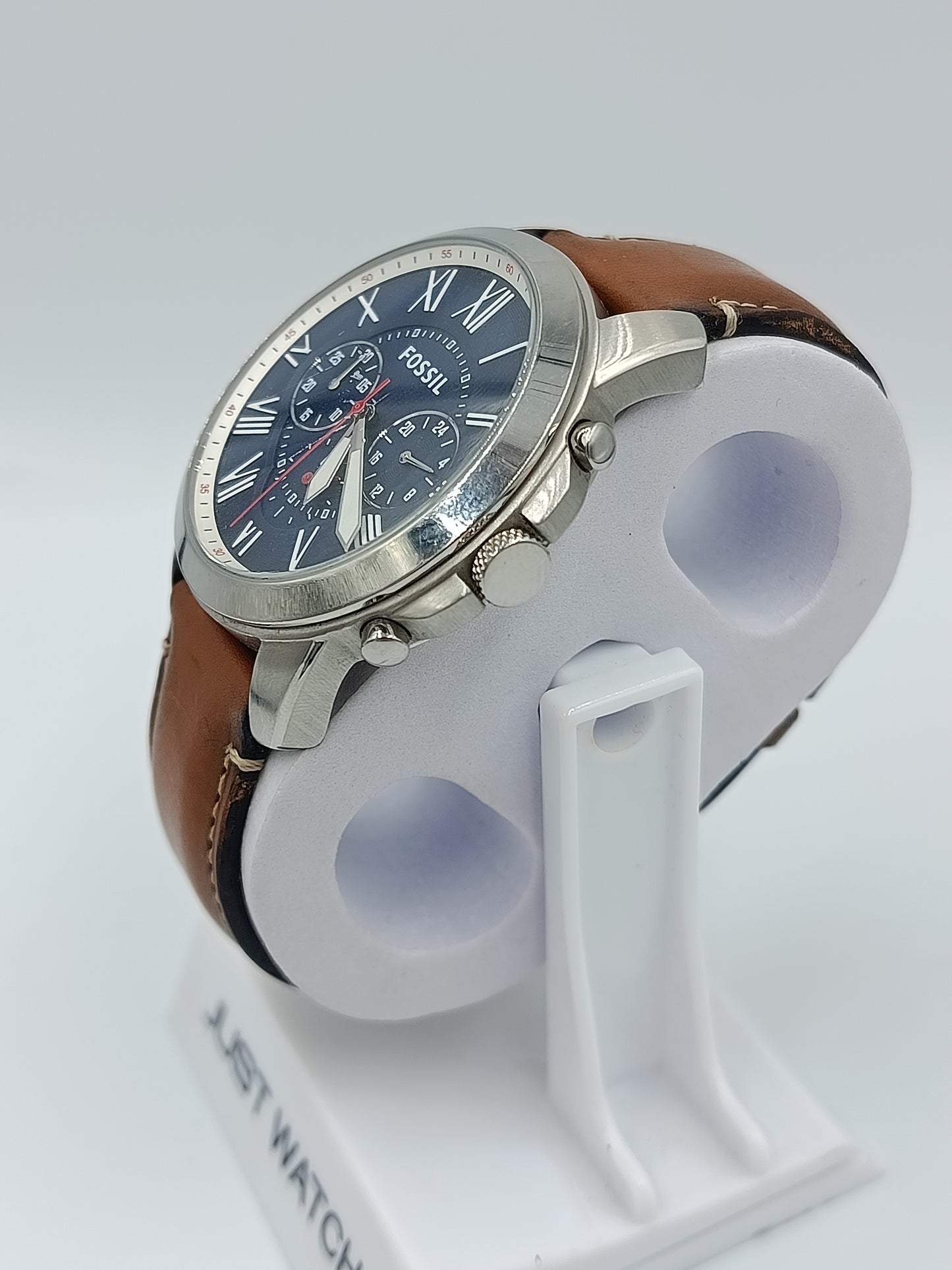 FOSSIL Herren Chronograph Uhr Blaues Zifferblatt Lederarmband Braun Vintage