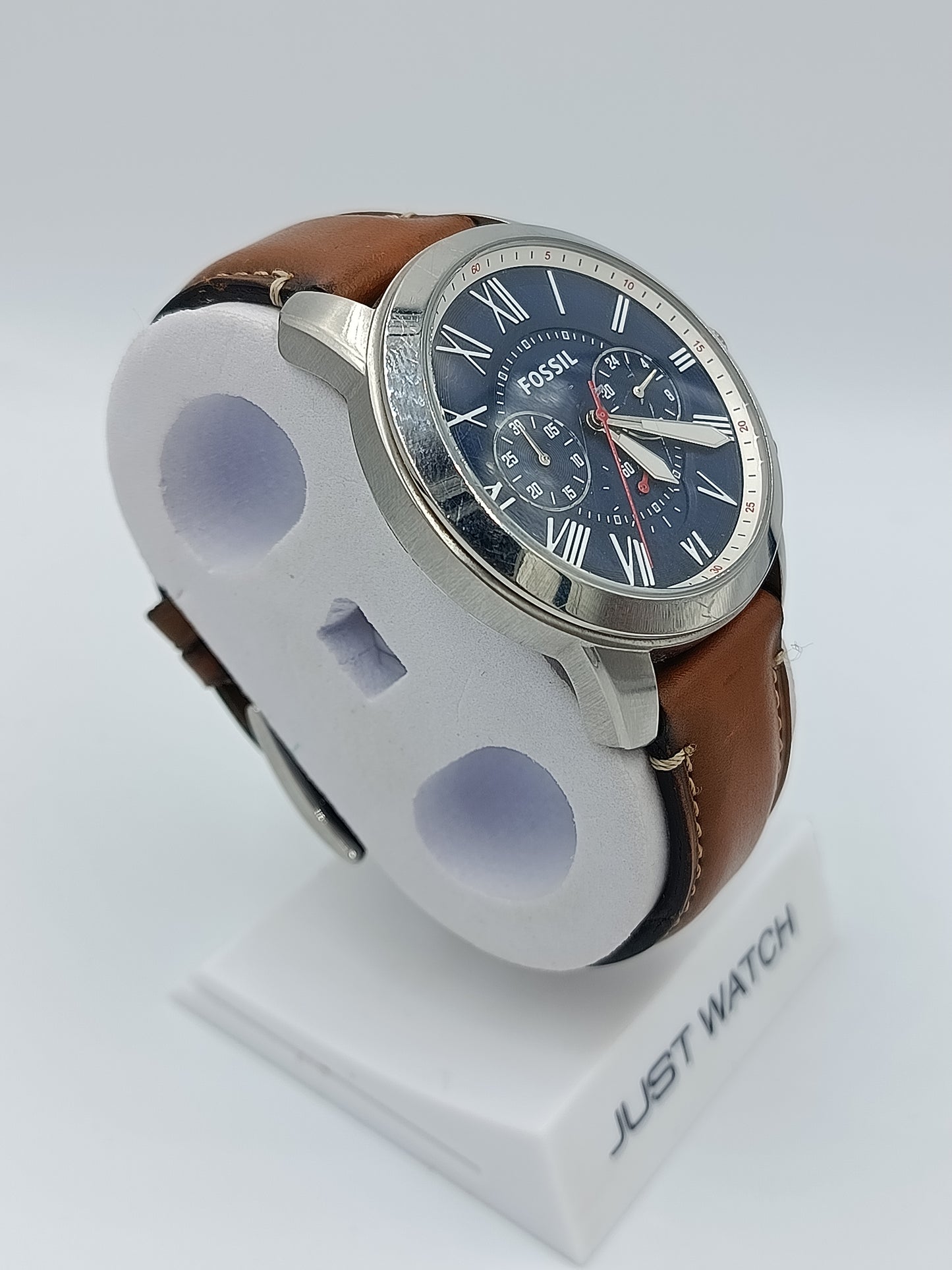 FOSSIL Herren Chronograph Uhr Blaues Zifferblatt Lederarmband Braun Vintage
