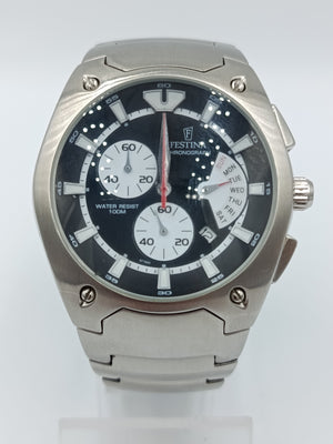 FESTINA Chronograph Herren Uhr Edelstahl Schwarz Silber 100m Datum Sportlich
