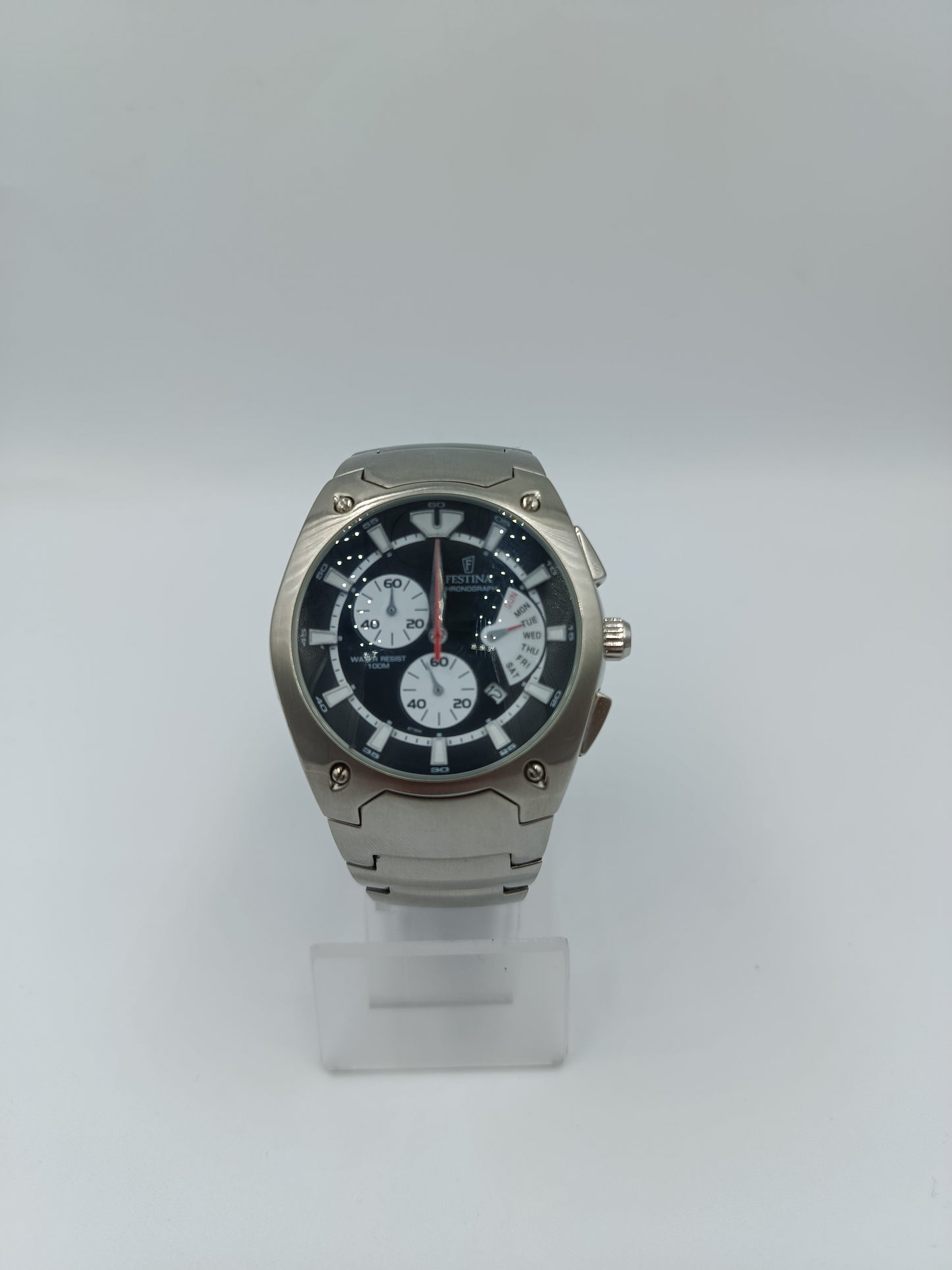 FESTINA Chronograph Herren Uhr Edelstahl Schwarz Silber 100m Datum Sportlich