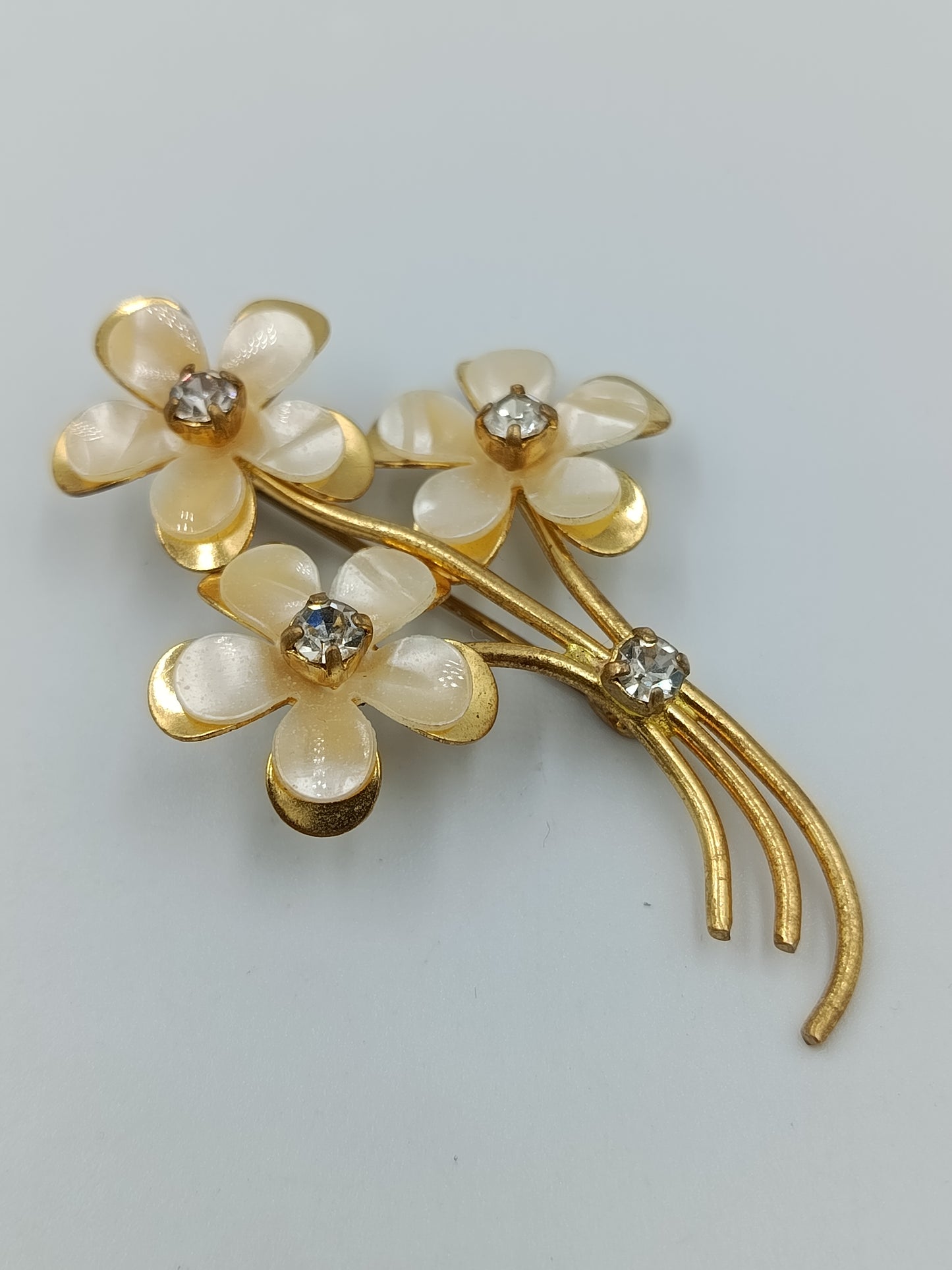 Vintage Blumen Brosche Goldfarben Perlmutt Strass Elegant Schmuck