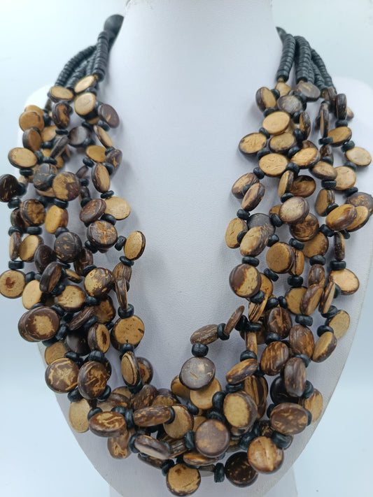 Große Statement Kette Naturlook mehrreihig Holzoptik Boho Ethno