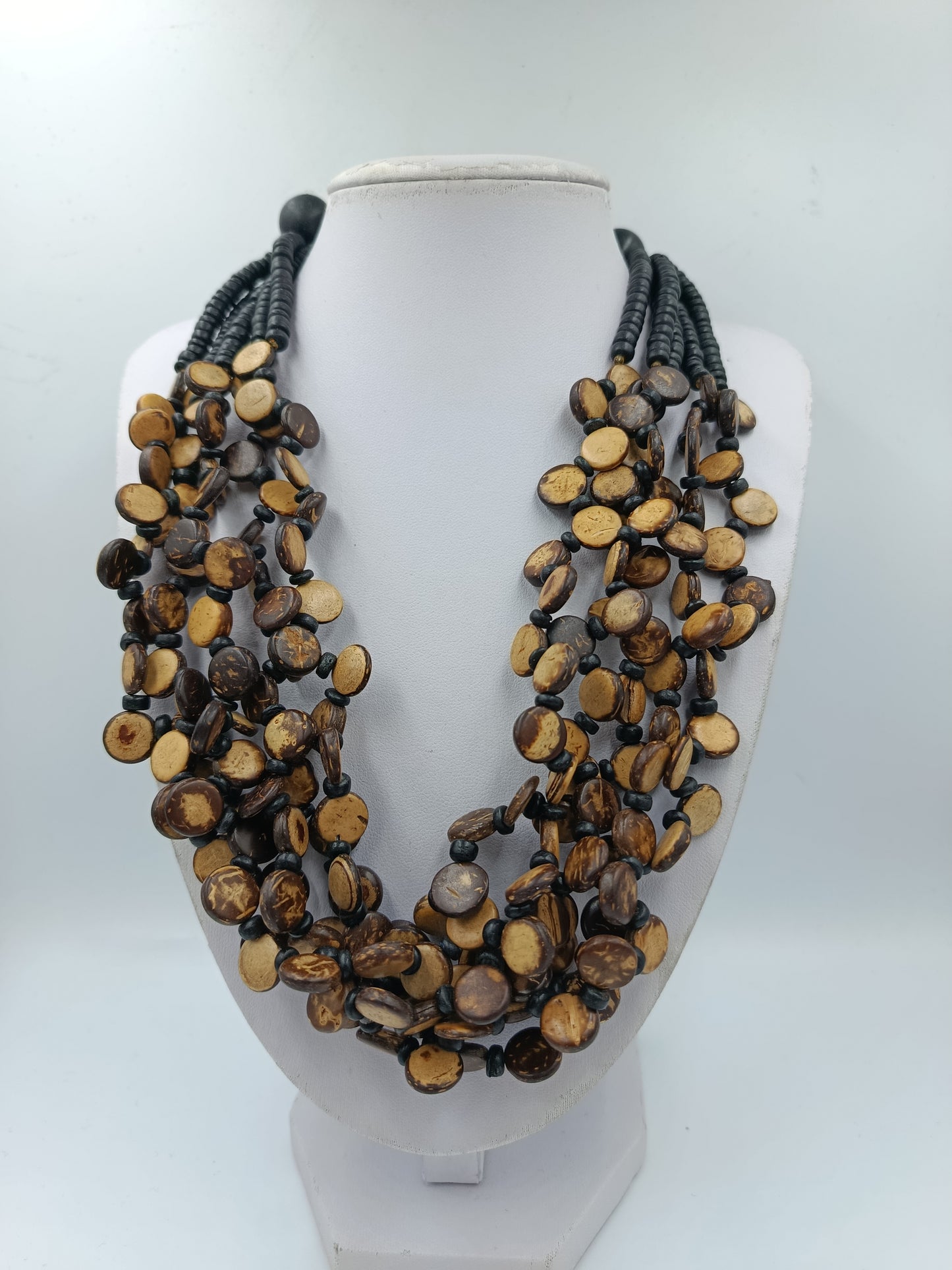 Große Statement Kette Naturlook mehrreihig Holzoptik Boho Ethno