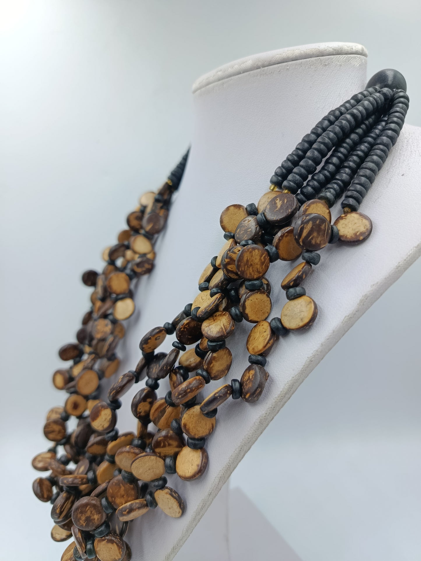 Große Statement Kette Naturlook mehrreihig Holzoptik Boho Ethno