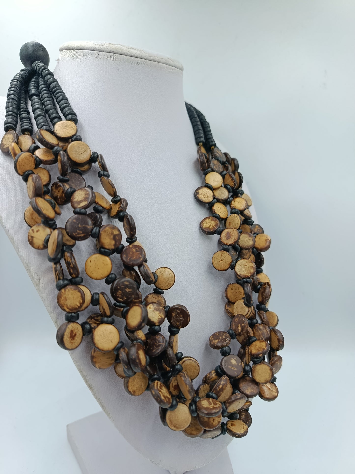 Große Statement Kette Naturlook mehrreihig Holzoptik Boho Ethno