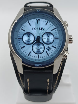 Fossil Chronograph Herren Uhr blau silber Lederarmband Tachymeter