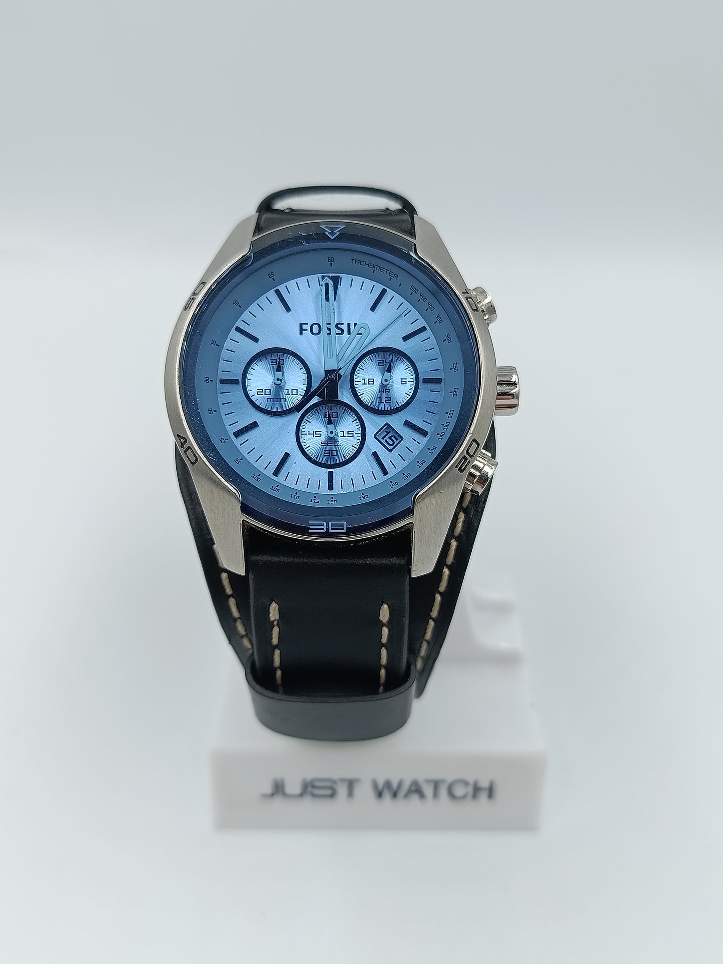 Fossil Chronograph Herren Uhr blau silber Lederarmband Tachymeter
