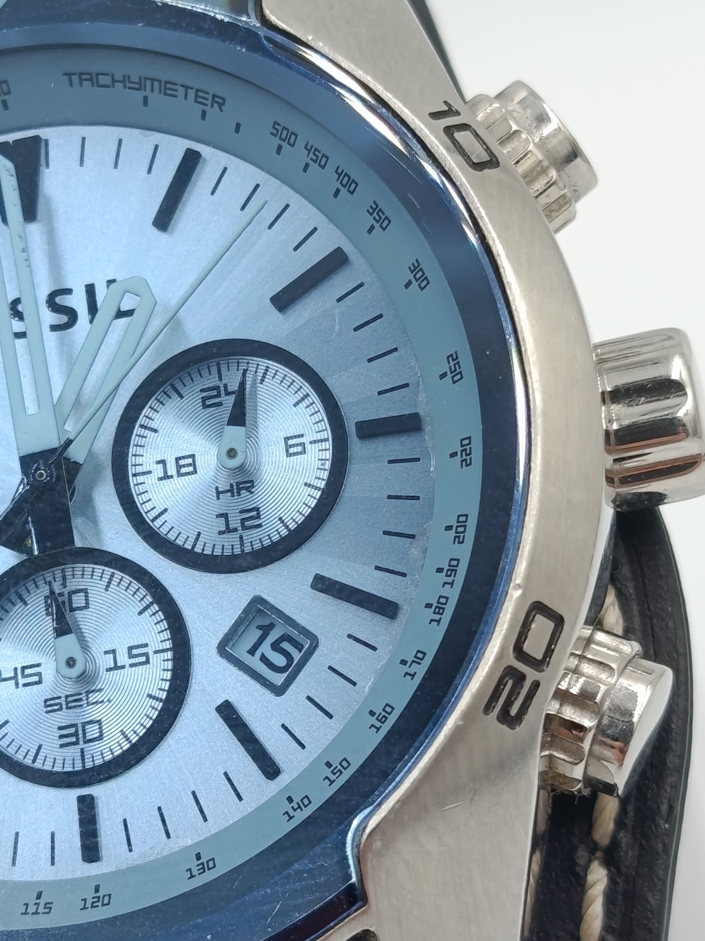 Fossil Chronograph Herren Uhr blau silber Lederarmband Tachymeter